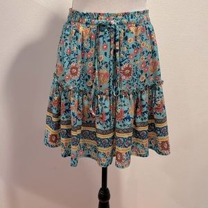 Relipop Floral Flared Short Skirt Pleated Mini Skater Skirt with Drawstring